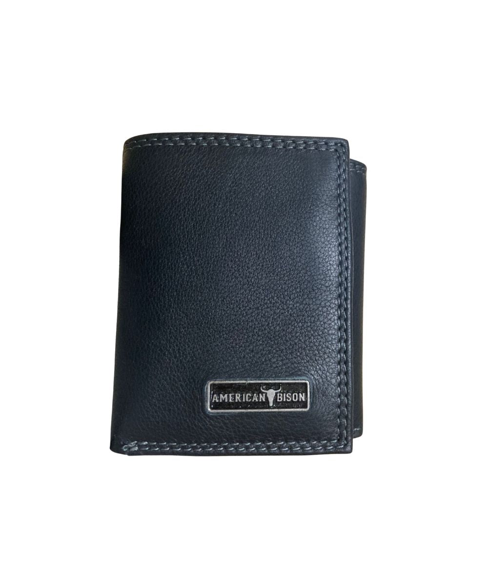 Front view of the men's black American Bison trifold leather wallet featuring the silver logo plate on the front