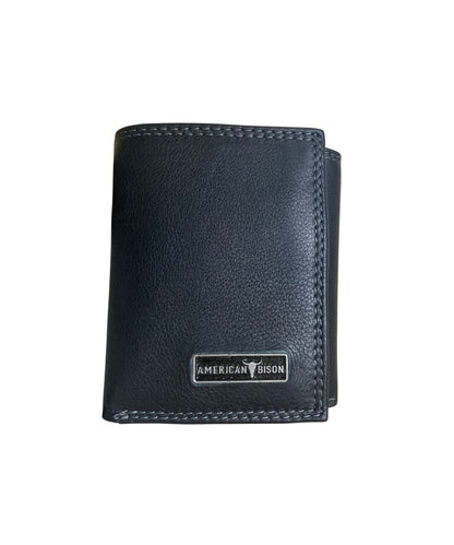 Front view of the men's black American Bison trifold leather wallet featuring the silver logo plate on the front