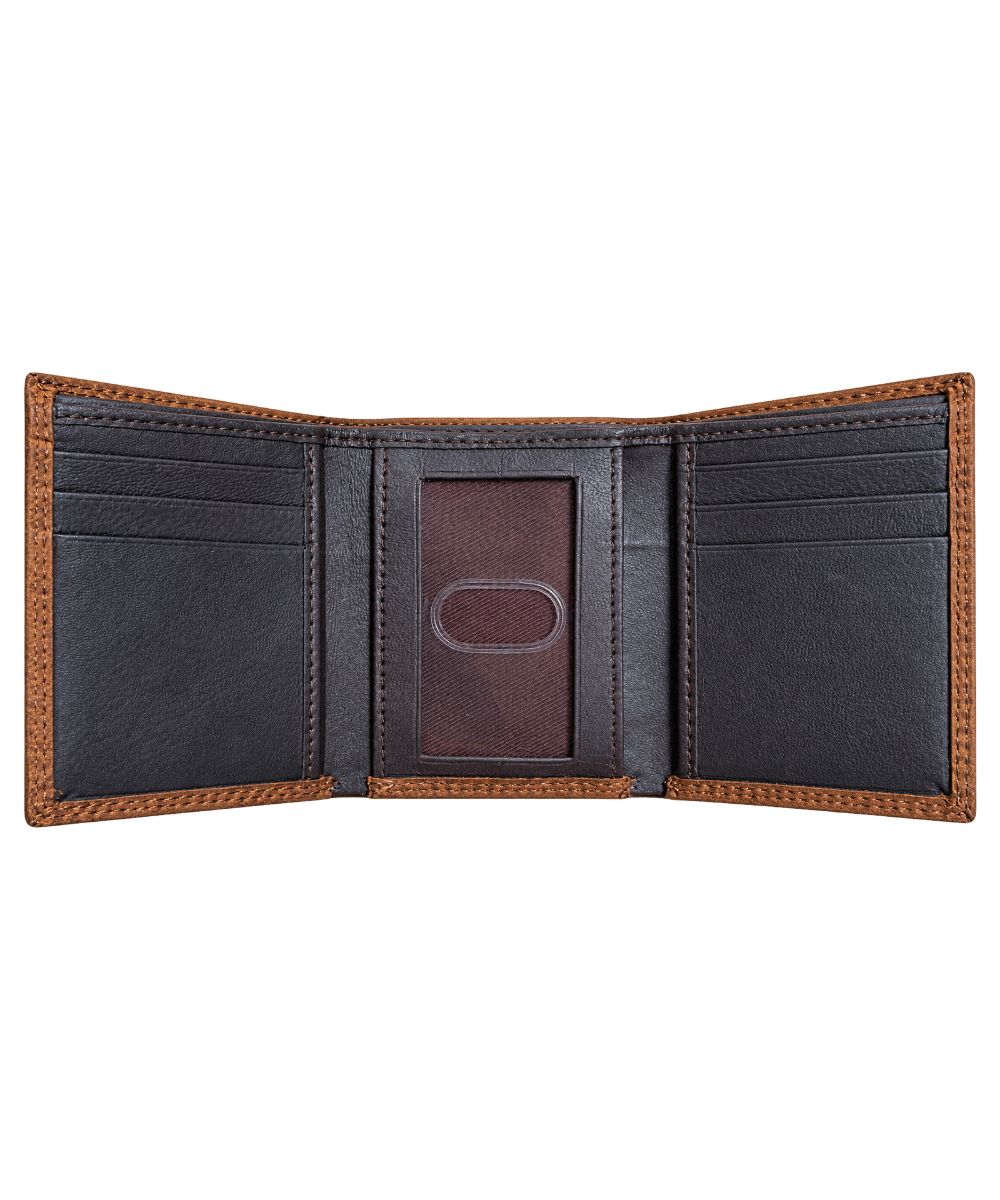 Interior view of the men's brown trifold leather wallet featuring the interior card slots, id slot, cash slot, and slip pockets