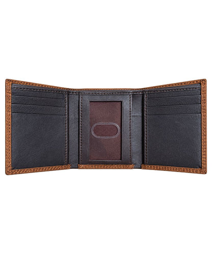 Interior view of the men's brown trifold leather wallet featuring the interior card slots, id slot, cash slot, and slip pockets