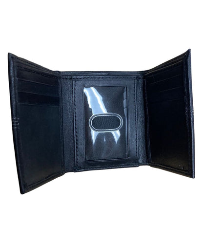 Interior view of the men's black leather trifold wallet featuring the clear id slot, 6 card slots, and 1 cash slot