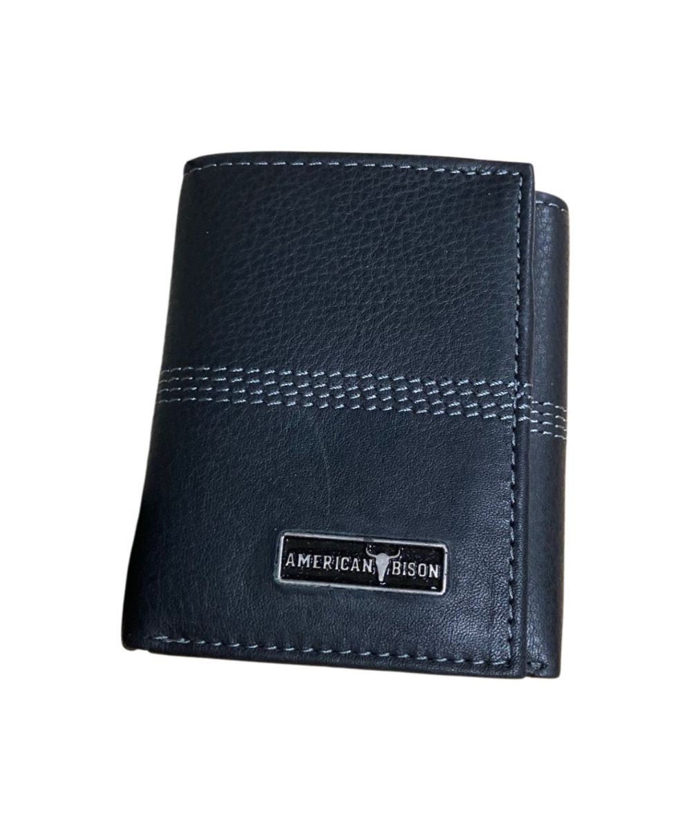 Front view of the men's black trifold American Bison leather wallet featuring the mid-stitch detailing and the silver logo plate on the front