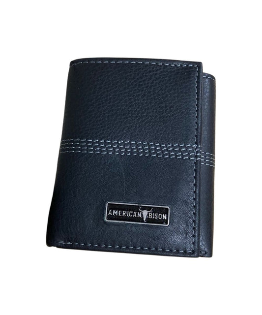 Front view of the men's black trifold American Bison leather wallet featuring the mid-stitch detailing and the silver logo plate on the front