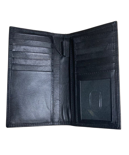 Interior view of the men's black leather rodeo wallet featuring the 1 clear id slot, 1 pen slot, 2 slip pockets, and 12 card slots