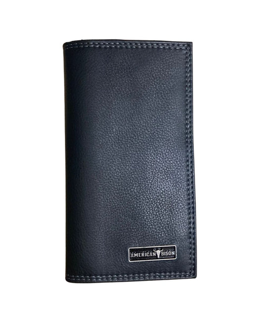 Front view of the men's black American Bison leather rodeo wallet featuring the silver logo plate on the front