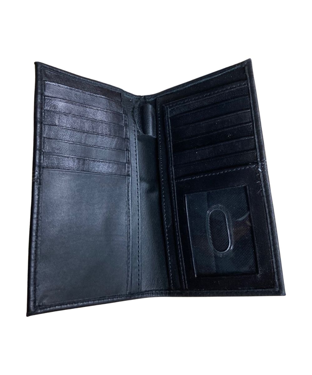 Interior view of the men's black leather rodeo wallet featuring the interior pen slot, clear id slot, 12 card slots, and 2 lateral slip pockets