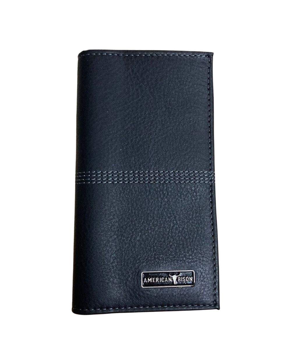 Front view of the men's black American Bison leather rodeo wallet featuring the mid-stitch detailing and the silver logo plate on the front