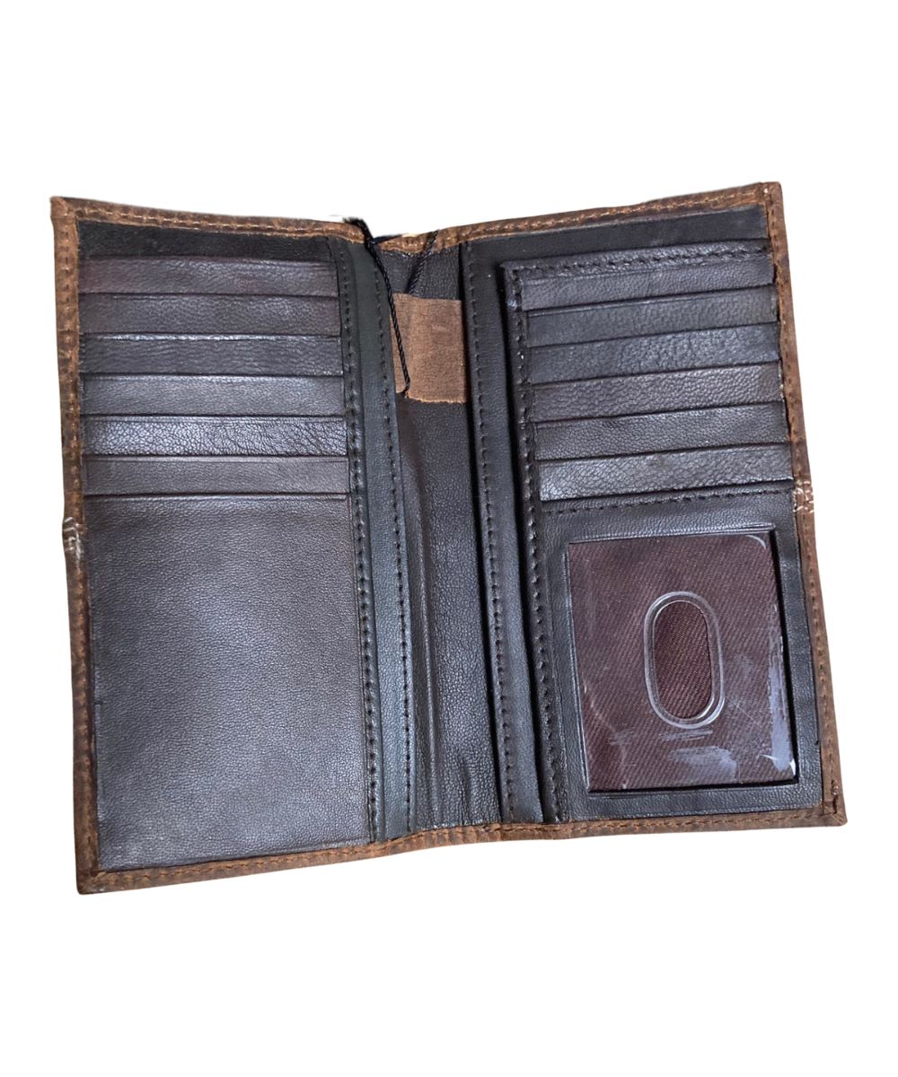 Interior view of the men's brown leather rodeo wallet featuring the 12 card slots, clear id slot, pen slot, and 2 slip pockets