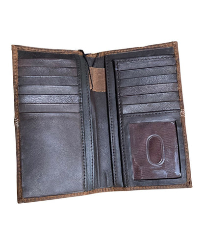 Interior view of the men's brown leather rodeo wallet featuring the 12 card slots, clear id slot, pen slot, and 2 slip pockets