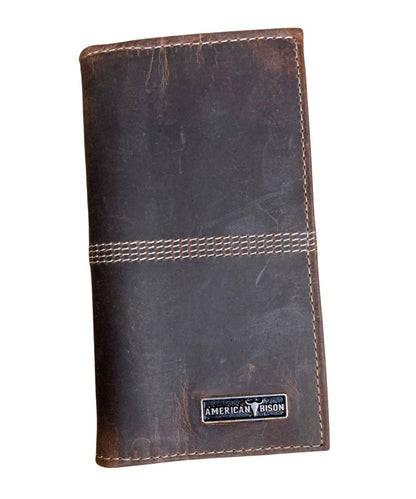 Front view of the men's brown American Bison leather rodeo wallet featuring the mid-stitch detailing and the silver logo plate on the front