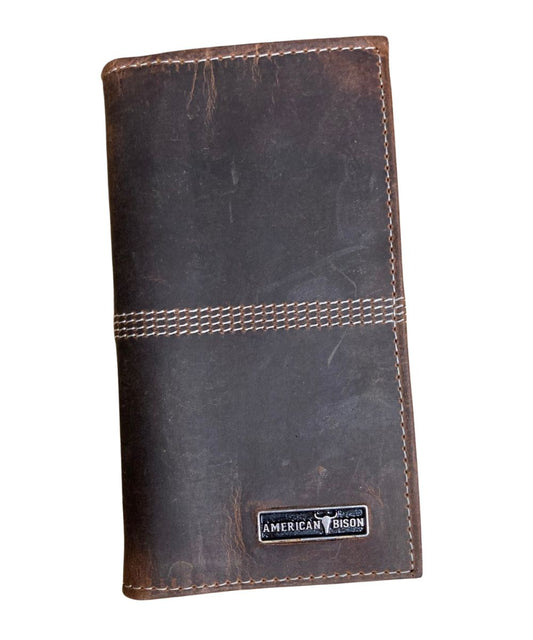 Front view of the men's brown American Bison leather rodeo wallet featuring the mid-stitch detailing and the silver logo plate on the front