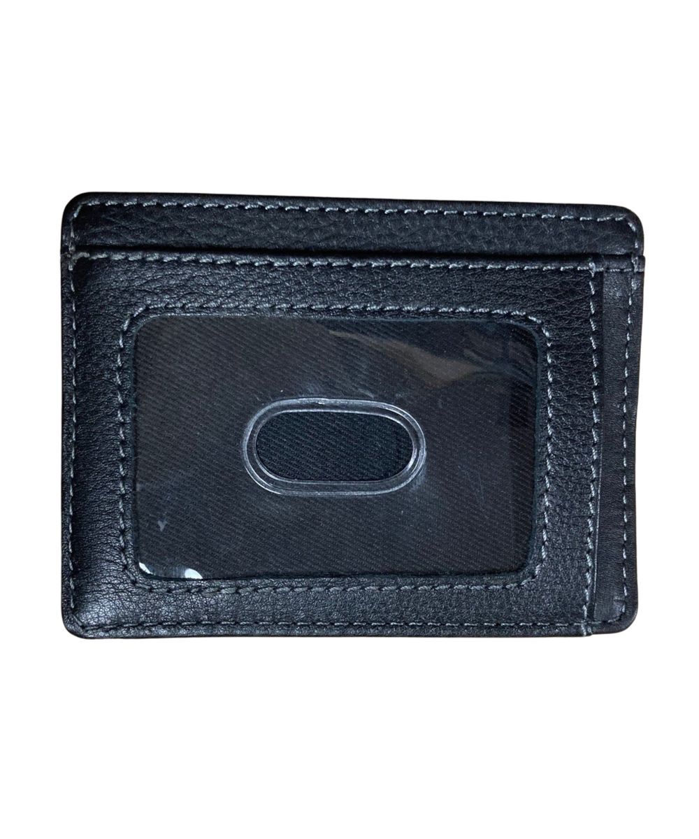 Back view of the men's black leather compact card holder wallet featuring the clear id slot and 1 card slot