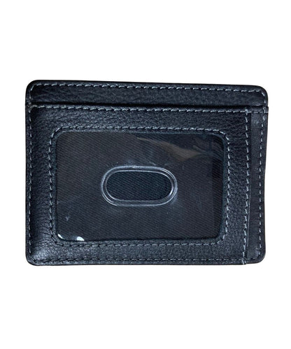 Back view of the men's black leather compact card holder wallet featuring the clear id slot and 1 card slot