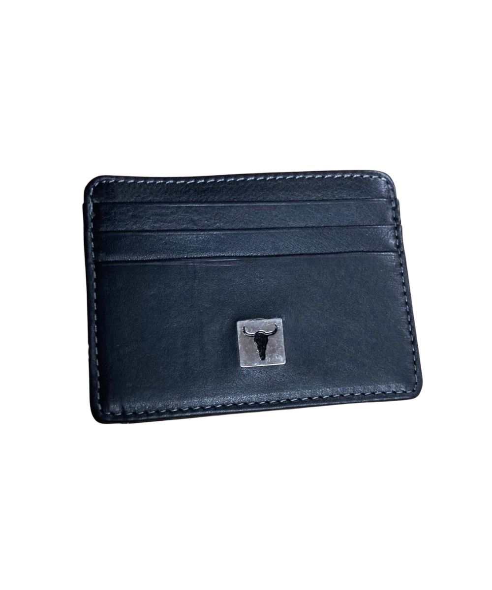 Front view of the men's black American Bison leather card holder wallet featuring the silver logo plate and 3 card slots on the front