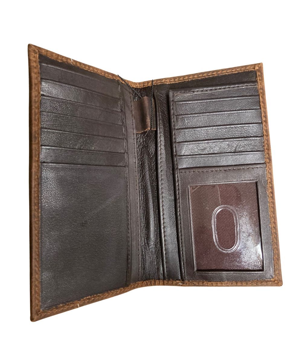 Interior view of the men's rodeo wallet featuring the 10 card slots, 1 ID slot, 2 slip pockets, and a pen slot, this wallet has RFID protection