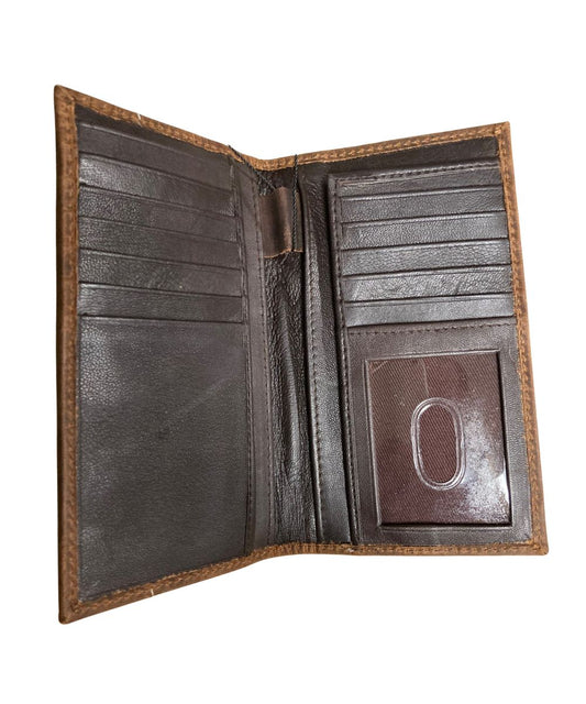 Interior view of the men's rodeo wallet featuring the 10 card slots, 1 ID slot, 2 slip pockets, and a pen slot, this wallet has RFID protection