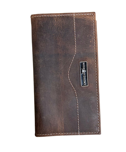 Front view of the men's brown American Bison leather rodeo wallet featuring the bison leather construction featuring the contrast stitching and logo plate 