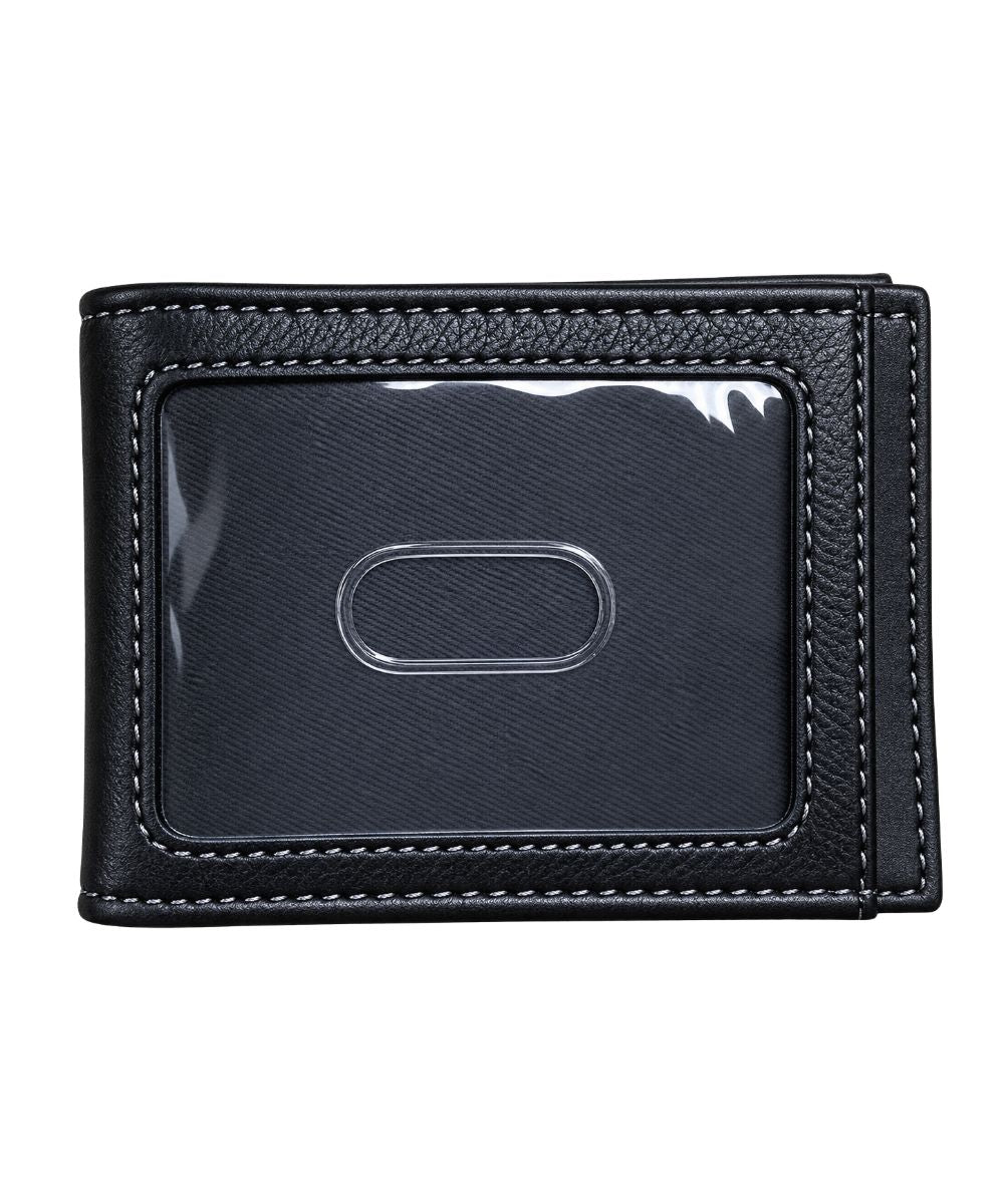 Back view of the men's black leather bifold wallet featuring the exterior clear id slot