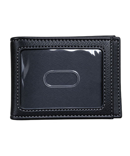 Back view of the men's black leather bifold wallet featuring the exterior clear id slot