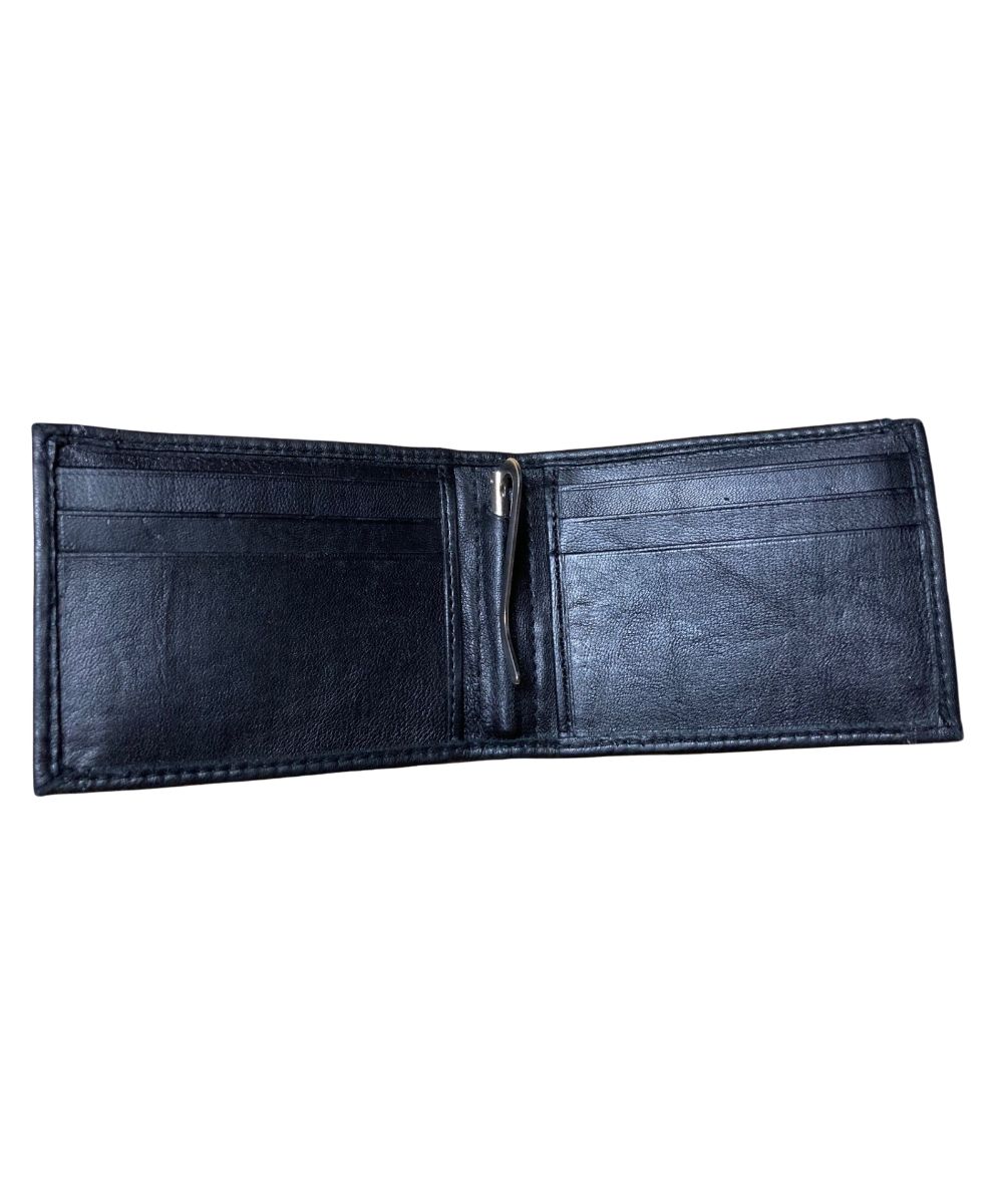 Interior view of the men's black leather bifold wallet featuring the 6 card slots, 2 slip pockets, and a money clip inside