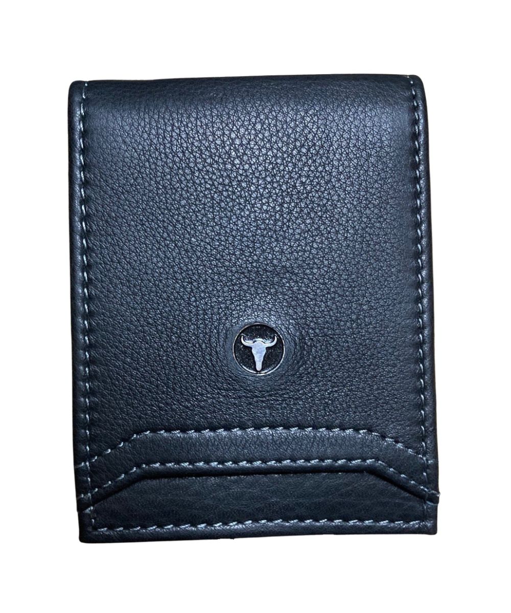 Front view of the men's black American Bison leather bifold wallet featuring the silver logo plate and exterior card pocket