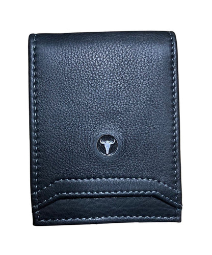Front view of the men's black American Bison leather bifold wallet featuring the silver logo plate and exterior card pocket