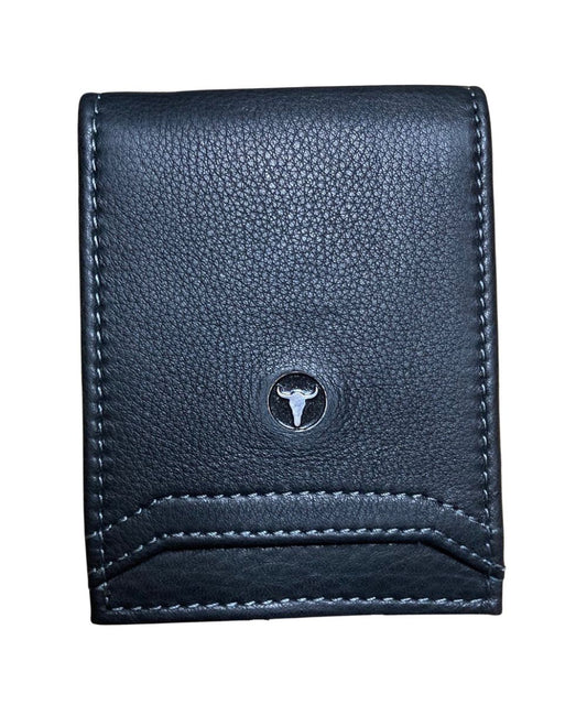 Front view of the men's black American Bison leather bifold wallet featuring the silver logo plate and exterior card pocket