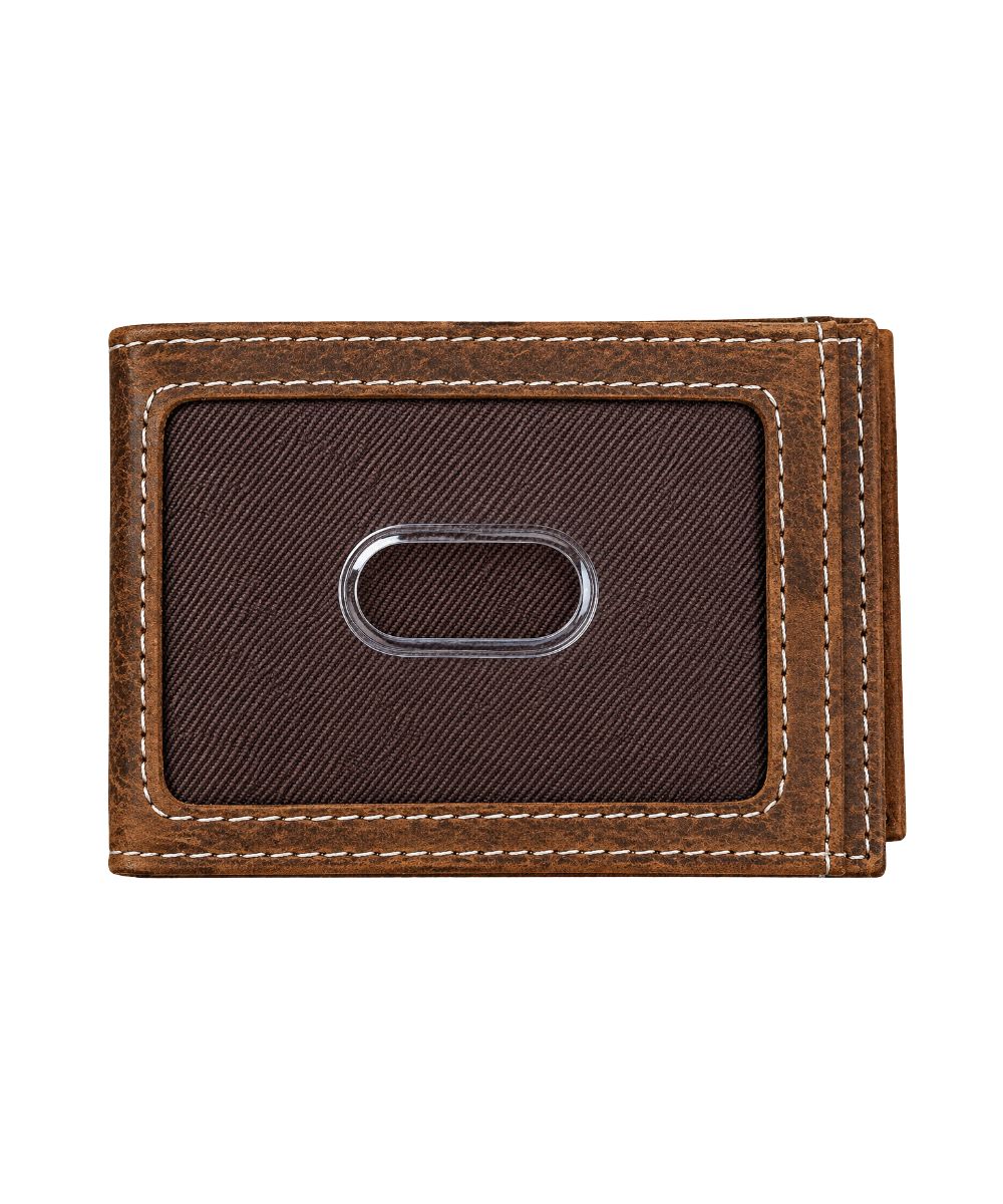 Back view of the men's brown leather wallet featuring the clear id slot on the back