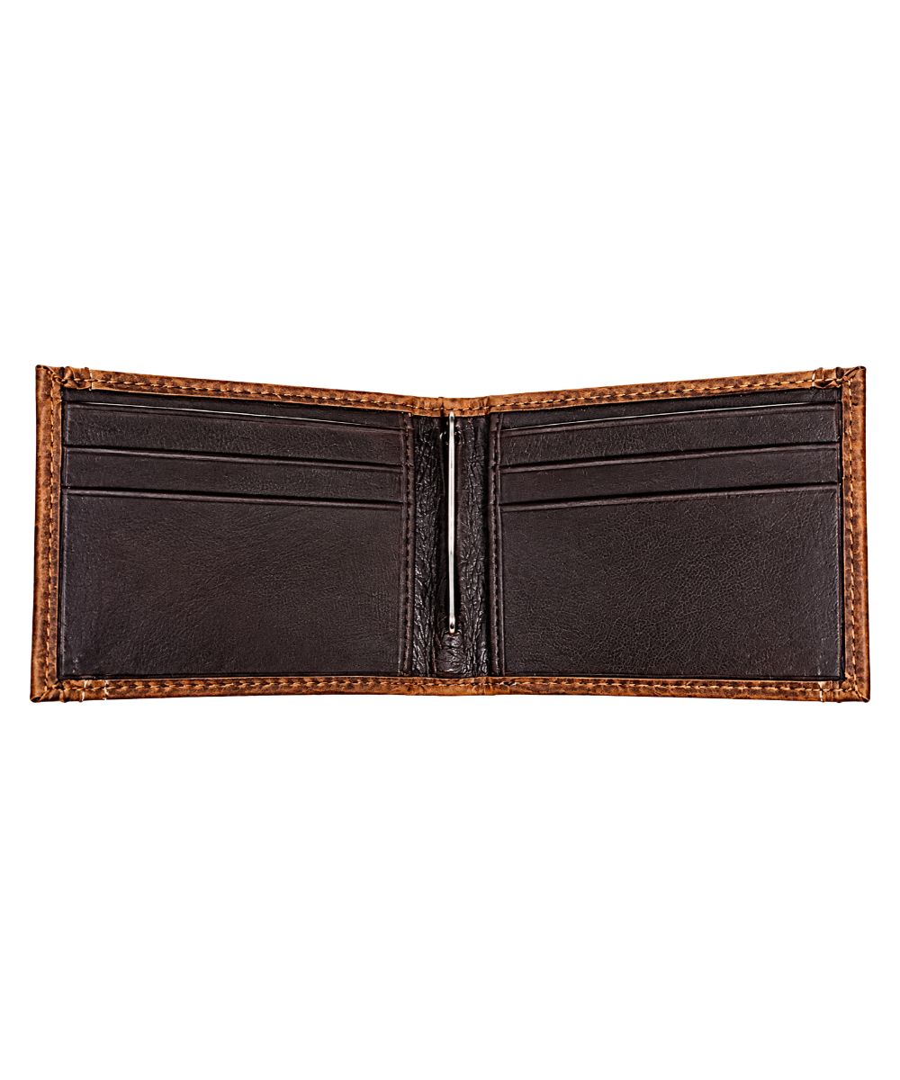 Interior view of the men's brown leather bifold wallet featuring the 6 interior card slots and an interior money clip