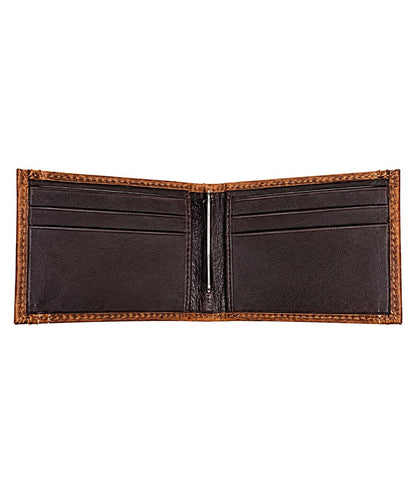 Interior view of the men's brown leather bifold wallet featuring the 6 interior card slots and an interior money clip