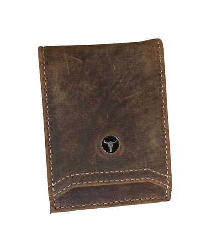 Front view of the men's brown American Bison leather bifold wallet featuring the silver logo plate and exterior card slot on the front