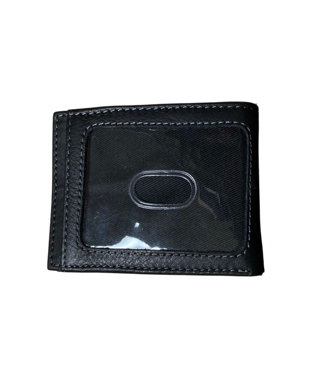 Back view of the men's black leather bifold wallet featuring the clear id slot on the back