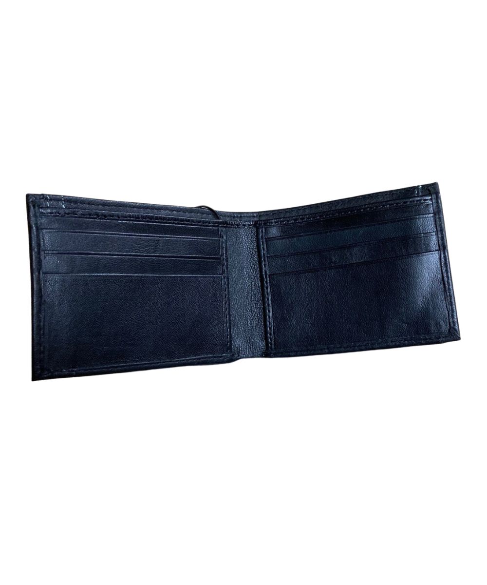 Interior view of the men's black leather bifold wallet featuring the single cash slot, 2 slip pockets, and 6 card slots inside