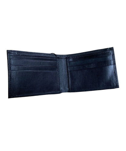 Interior view of the men's black leather bifold wallet featuring the single cash slot, 2 slip pockets, and 6 card slots inside