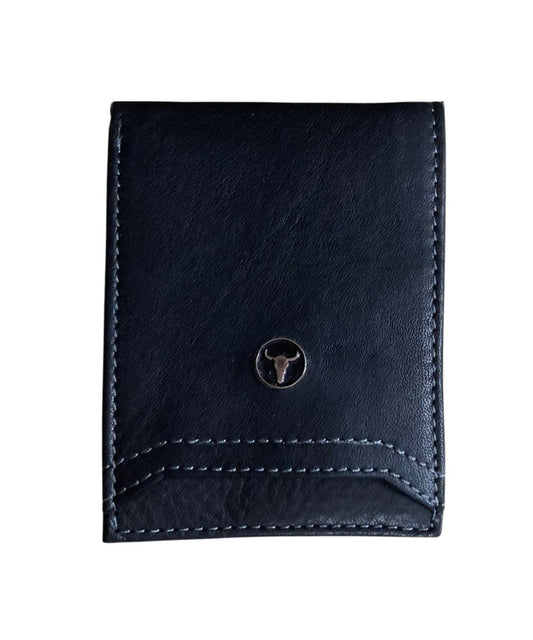 Front view of the men's black American Bison bifold wallet featuring the silver logo plate and 1 exterior card slot on the front