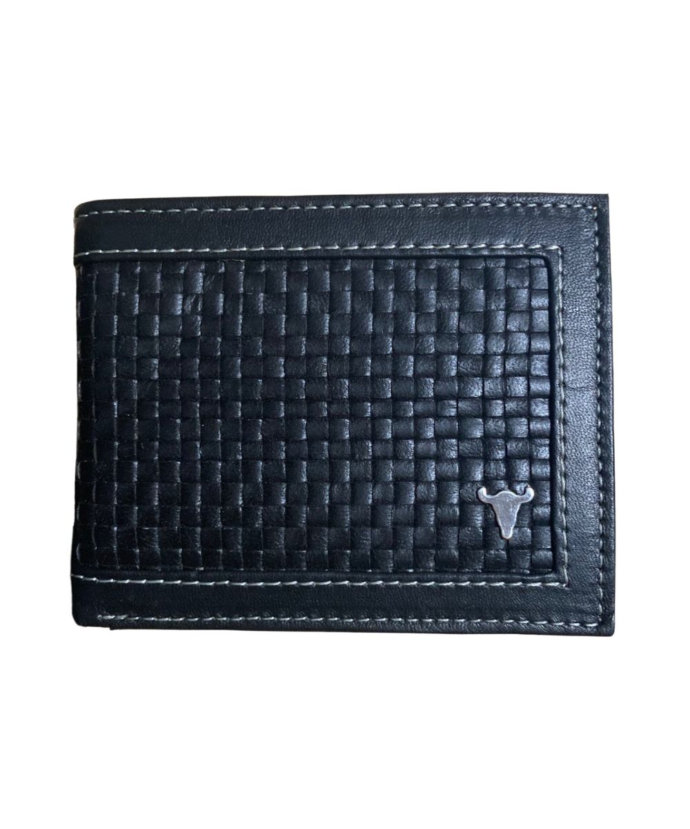 Front view of the men's black American Bison leather fold wallet featuring the basket weave tooling and silver logo plate on the front
