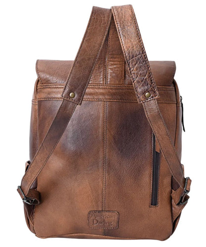 Back view of leather backpack featuring American Darling logo patch, adjustable shoulder straps, and a zipper pocket.