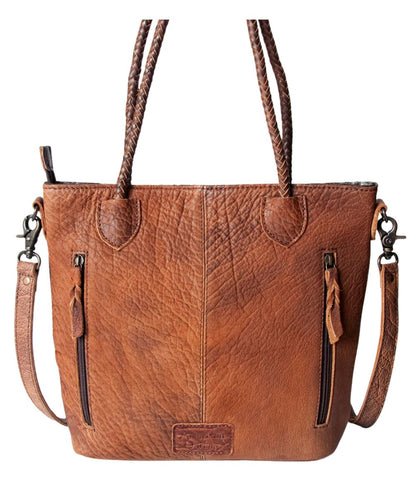Smooth brown leather back with dual zippered pockets and a removable/adjustable shoulder strap.