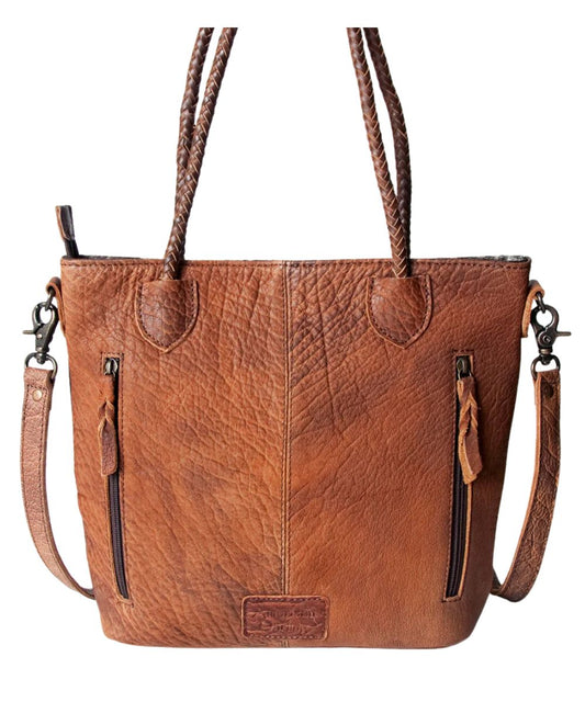 Smooth brown leather back with dual zippered pockets and a removable/adjustable shoulder strap.