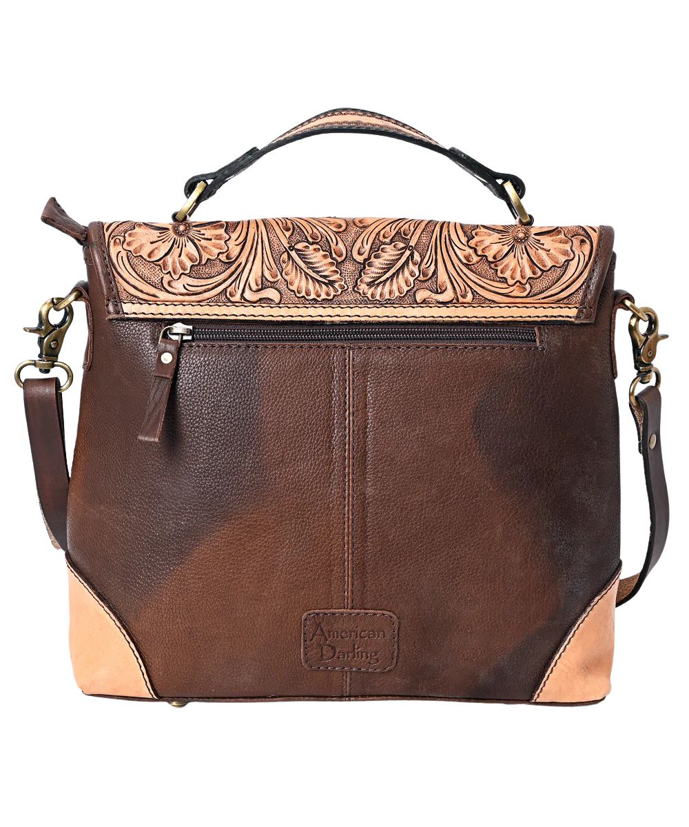 Smooth brown leather back featuring a zippered pocket and top carry handle.