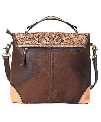 Smooth brown leather back featuring a zippered pocket and top carry handle.