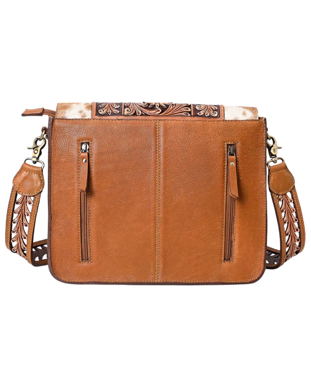 Back side of the messenger bag featuring a dual zippered pocket.