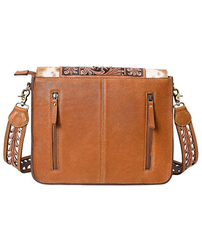 Back side of the messenger bag featuring a dual zippered pocket.