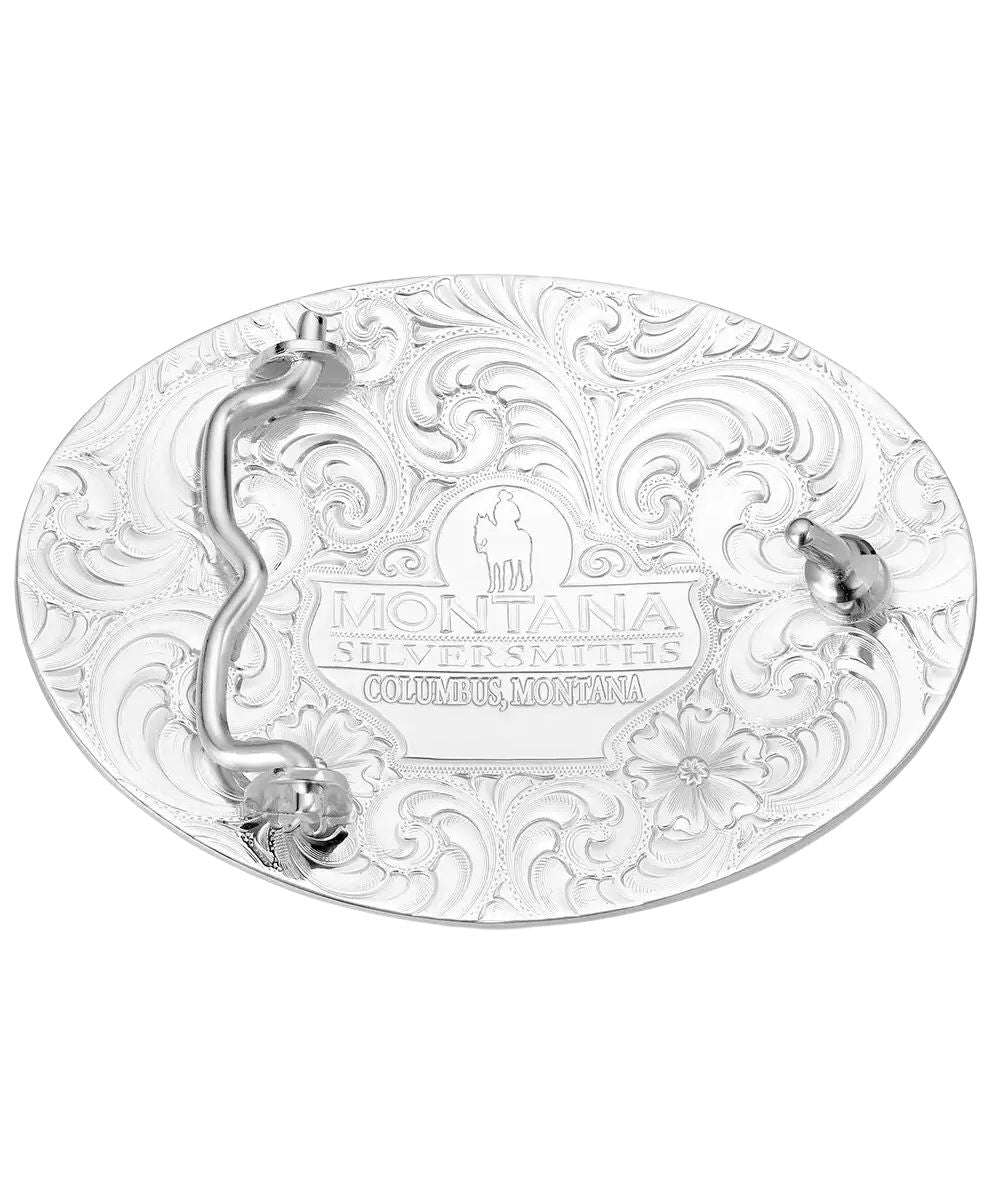 Back view of the silver belt buckle featuring a 1.5" belt swivel and logo engraving