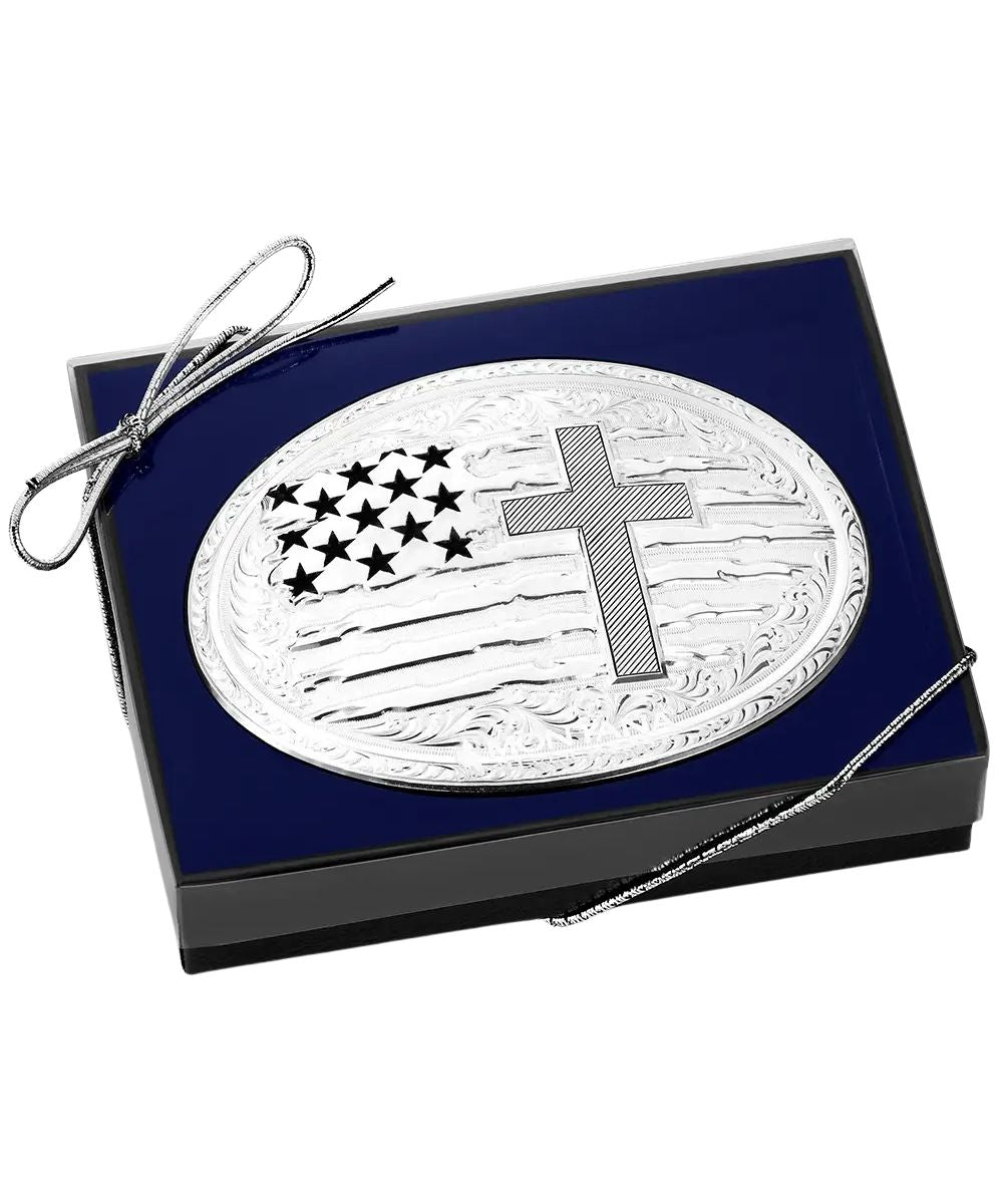 Boxed view of the land of the free American made belt buckle
