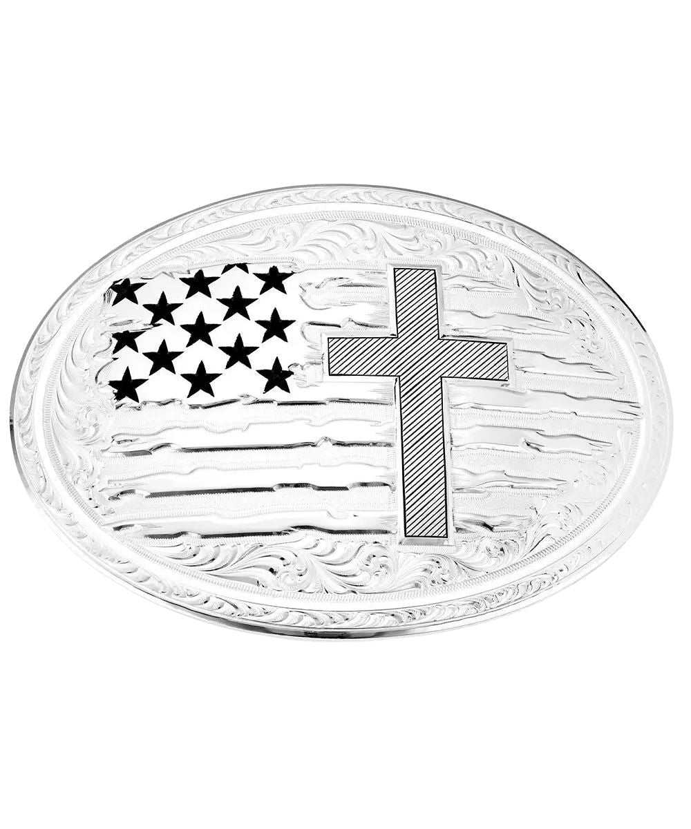 Front view of the silver oval belt buckle featuring an American flag and cross