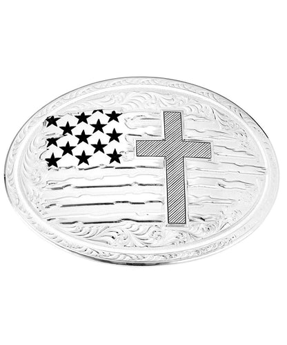 Front view of the silver oval belt buckle featuring an American flag and cross