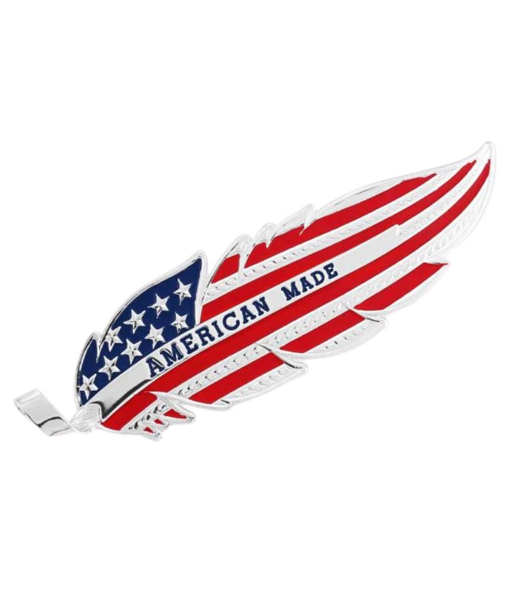 Silver Hat Feather Reads: "American Made" Featuring Stars And Stripes In Red And Blue Paint 