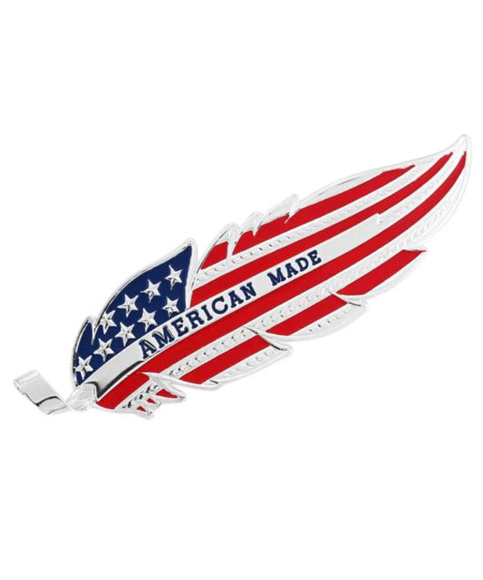 Silver Hat Feather Reads: "American Made" Featuring Stars And Stripes In Red And Blue Paint 