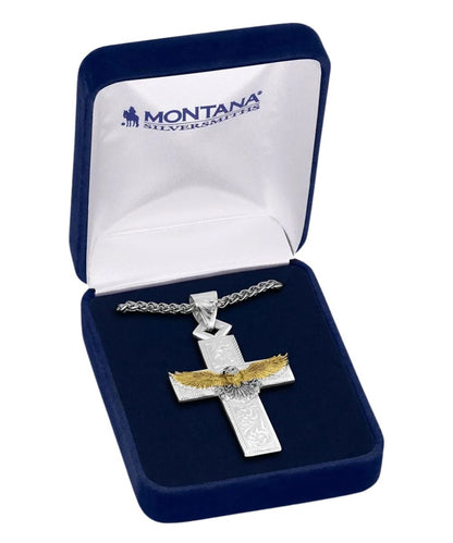 Boxed view of the men's under open skies american made cross necklace